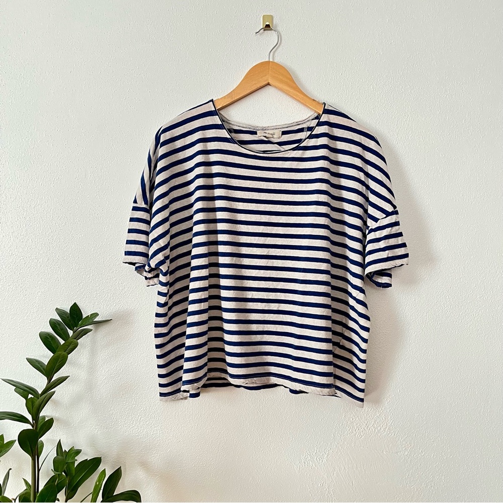 madewell Raw-Edged linen Hangout Tee in Ashmead Stripe xxl 2x blue striped